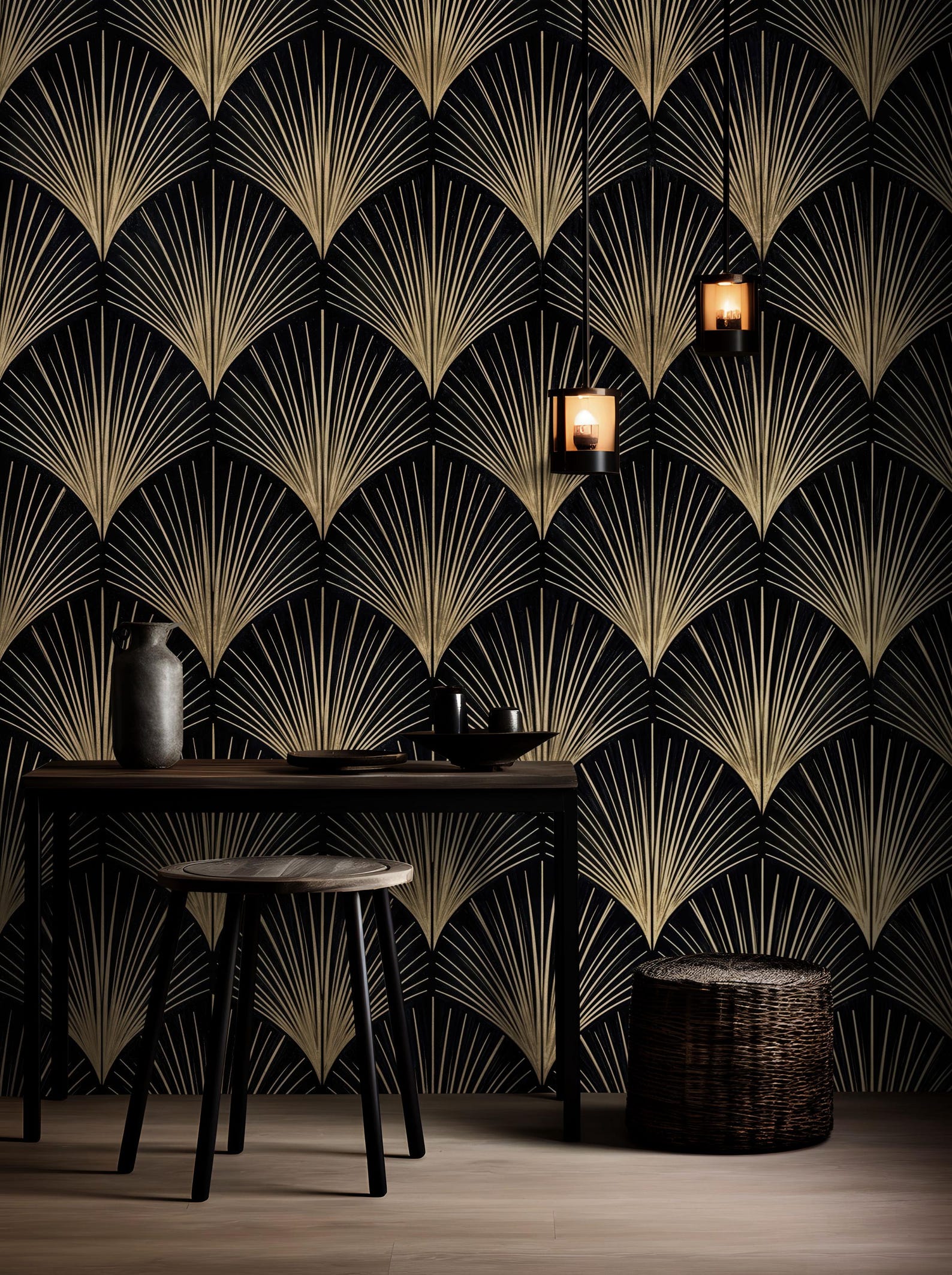 Art Deco Black Gold Fan Wallpaper, Gatsby Geometric Luxury Wall Mural ...