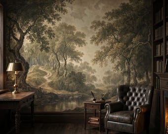 May include: A wall mural featuring a sepia-toned landscape painting of a winding path through a forest with trees and a river. The room includes a dark wood desk with a brass lamp, a leather tufted armchair, and a small side table with books.