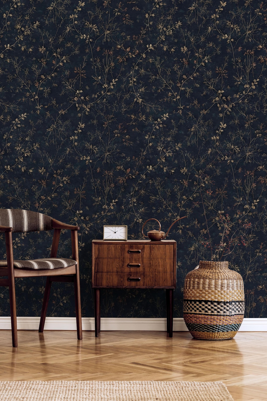 Dark Floral Wallpaper, Vintage Wildflower Mural, Navy Botanical Print ...