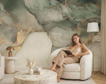 Carta da parati in marmo verde oro, murale astratto fluido, decorazione murale di lusso (stacca e attacca)