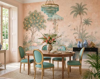 May include: A dining set featuring a round wooden table and four chairs with teal upholstered seats and gold frames. A chandelier with teal tassels hangs above. The room features a mural with a mango tree, palm trees, and a flamingo.