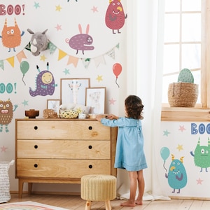 Cute Monster Wall Decals for Kids Room, Playful Cartoon Aliens & Monsters Sticker Set, Toddler Playroom Decor, Removable Vinyl Art