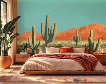 Vintage Cactus Desert Landscape Mural, Saguaro Print, Peel and Stick Wall Decor