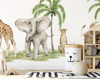 Vinilo decorativo de pared para habitación infantil con temática de safari en acuarela, animales de la selva (para pegar y despegar)