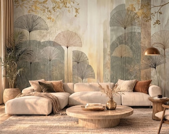 Abstract Ginkgo Wallpaper, Gold Leaf Mural, Art Deco Wall Decor (Peel and Stick)