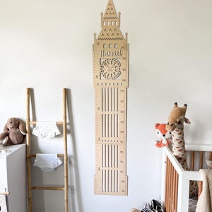 Big Ben groeimeter houten hoogteliniaal en kinderkamerinrichting Gepersonaliseerde Big Ben groeimeter hoogtemeter kraamcadeau kinderen