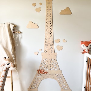 Eiffeltoren houten groeimeter meisje muurdecoratie muurkunst Parijs muurkunst kraamcadeau kinderen hoogtegrafiek Parijs kunst aan de muur voor kinderen