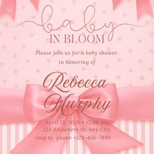 TEMPLATE - Blush Pink Bow Baby Shower Invitation Editable Elegant Watercolor Bow Invitation Pink Girl Baby Shower Invite Pink Ribbon Canva