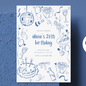 Invitation d'anniversaire 28 ans modifiable | Invitation bleue mignonne pour elle | Téléchargement numérique | Modèle de carte d'anniversaire adulte imprimable