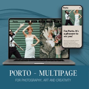 Puede incluir: Un portátil y un smartphone muestran un diseño de sitio web llamado "Porto". El sitio web presenta imágenes de personas, flores y texto. La parte inferior de la imagen dice "PORTO - MULTIPAGE PARA FOTOGRAFÍA, ARTE Y CREATIVIDAD."