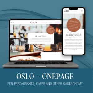 May include: A laptop and smartphone display a website design for Oslo restaurants. The laptop screen shows a restaurant interior with food and drinks. The phone displays the same website. Text on the screen reads "OSLO - ONEPAGE" and "FOR RESTAURANTS, CAFES AND OTHER GASTRONOMY."