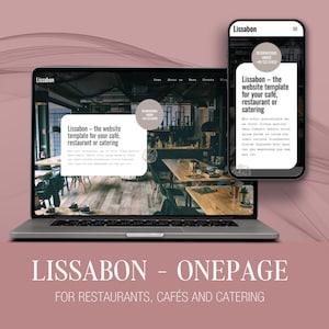 May include: A laptop and smartphone display a website template for restaurants, cafes, and catering businesses. The website is named "Lissabon" and features a clean, modern design with images of a restaurant interior. The text reads "Lissabon - the website template for your café, restaurant or catering."