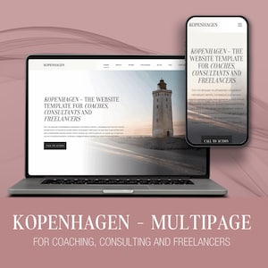 Könnte beinhalten: Ein Laptop und ein Smartphone zeigen eine Website-Vorlage. Die Vorlage "KOPENHAGEN" ist für Coaches, Berater und Freiberufler gedacht. Der Laptop-Bildschirm zeigt ein Leuchtturmbild. Das Smartphone zeigt dieselbe Vorlage. Der Text unten lautet "KOPENHAGEN - MULTIPAGE."