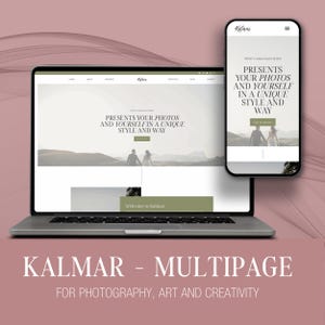 Puede incluir: Un portátil y un smartphone muestran un diseño de sitio web con el texto "PRESENTA TUS FOTOS Y A TI MISMO DE UNA MANERA Y ESTILO ÚNICOS." El sitio web es para fotografía, arte y creatividad, con el nombre "KALMAR - MULTIPAGE".
