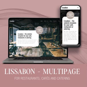 May include: A laptop and smartphone display a website template for restaurants, cafes, and catering businesses. The website is named "Lissabon" and features a clean, modern design with images of a restaurant interior. The text reads "Lissabon - the website template for your café, restaurant or catering."