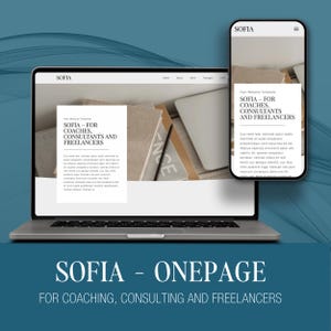 Puede incluir: Un portátil y un smartphone muestran una plantilla de sitio web. El sitio web, llamado "SOFIA", está diseñado para coaches, consultores y autónomos. El diseño presenta un diseño limpio con texto y una paleta de colores neutros, con el texto "SOFIA - ONEPAGE" en la parte inferior.