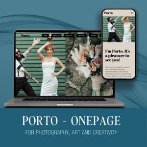 Puede incluir: Una computadora portátil y un teléfono inteligente muestran un diseño de sitio web con la palabra "Porto" en la parte superior. La pantalla de la computadora portátil muestra a una mujer con un vestido blanco y a un hombre con barba. El teléfono inteligente muestra a la misma mujer y al mismo hombre. El texto "I'm Porto. It's a pleasure to see you!" es visible.