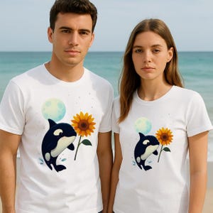 Camiseta "Love Sea", adorable orca saltando entre girasoles y luna llena: ilustración kawaii de una noche oceánica.