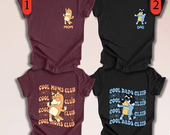 Disney Bluey mama en papa achter- en voorkant bedrukt T-shirt, Cool Moms Dads Club 2-zijdig shirt, in mijn Bluey Dad Mom tijdperk tweezijdige T-shirts