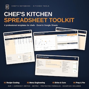 Chef Spreadsheet Bundle, Recipe Costing, Food Cost Calculator, Menu Engineering, Prep List, Par Levels, Brine Cure | Chef's Toolkit