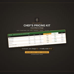 Può includere: Un'interfaccia digitale Chef's Pricing Kit con sfondo scuro e testo bianco. L'elemento centrale è un foglio di calcolo che mostra i costi dei prodotti, la manodopera e i margini. Sotto la tabella, un riquadro indica: Croissant: you charge €2 — it really costs €4.17. Un pulsante arancione sottostante riporta: INCLUDES LABOUR - ORDERS - DASHBOARD.