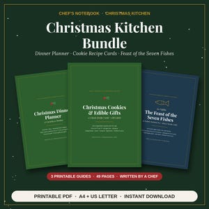 Può includere: Un set per la cucina natalizia composto da tre guide stampabili: un pianificatore per la cena verde, un libro di biscotti e regali commestibili verde e una guida blu sul banchetto dei sette pesci, per un totale di 49 pagine.
