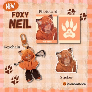 May include: A Foxy Neil merchandise set featuring a keychain, a photocard, and a sticker. The items display an orange-hooded character with fox ears holding a lacrosse stick, alongside a paw print graphic with the text 10 JOSTEN and PSU-FOXES.