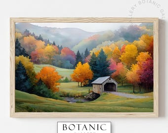 Covered Bridge Fall Landscape Art Print | Fall Artwork | Autumn  Watercolor Painting | Printable Digital Download | Botanical Wall Art
