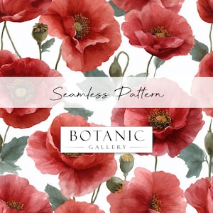 Op de afbeelding: Naadloos patroon met rode klaprozen en groene bladeren en knoppen op een witte achtergrond. De tekst "Seamless Pattern" is in script weergegeven, en het logo "BOTANIC GALLERY" is ook zichtbaar.