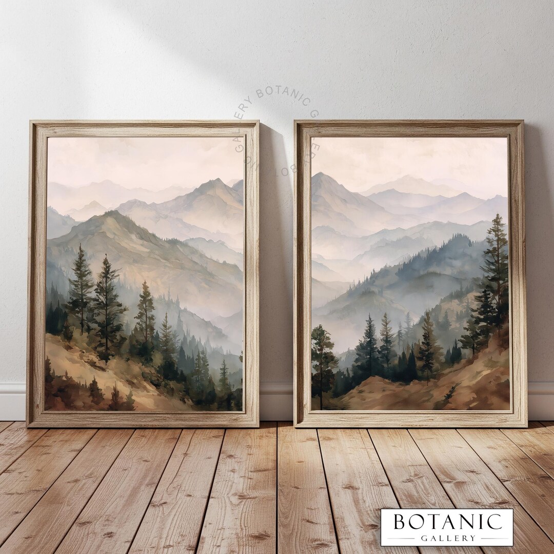 Mountain Scene Landscape Set of 2 Prints | Rustic Artwork | Printable ...