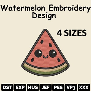 以下が含まれることがあります： 笑顔の顔、黒い種、黒いアウトラインのスイカ刺繍デザイン。「Watermelon Embroidery Design」と「4 SIZES」の文字がスイカの上に表示されています。ファイル形式の略語が下にあります。