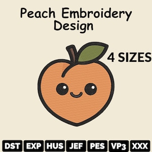 Könnte beinhalten: Pfirsich-Stickdesign mit einer niedlichen Pfirsich-Illustration. Der Pfirsich ist orange mit schwarzer Umrandung, einem braunen Stiel und einem grünen Blatt. Der Text "4 GRÖSSEN" steht über dem Pfirsich.