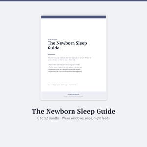 May include: A white digital document titled The Newborn Sleep Guide for the first year. It includes text about wake windows, nap schedules, and sleep logs for babies aged 0 to 12 months. The document features a dark blue header and footer bar.