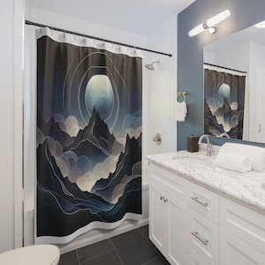 Serene Mountain Shower Curtain, Tranquil Bathroom Decor, Nature-Inspired Home, Bohemian Style, Gift for Nature Lovers