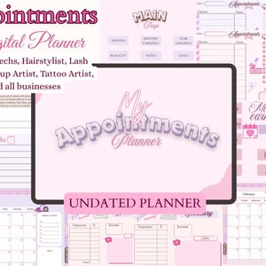 May include: A digital planner in shades of pink and white, designed for various beauty and wellness professionals. The planner includes sections for appointments, monthly earnings, and an undated calendar. Text includes "Appointments Digital Planner".