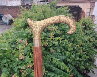Vintage Brass Hook Handle Wooden Walking Cane Rustic Style