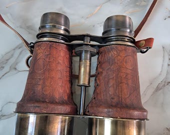 Nautical Handmade Brass Binoculars with Leather Strap – Vintage Working Spyglass.