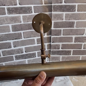 May include: A brass picture light fixture featuring a cylindrical horizontal shade attached to a vertical arm with an adjustable knuckle joint and a circular wall-mounting plate. The metal has a muted, brushed finish with a warm golden-brown tone.