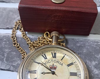 Vintage Style Brass Pocket Watch Victoria 1875 Antique Timepiece with Leather Case
