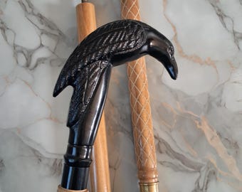 Victorian Style Raven Handle Walking Cane – Classic Wooden Stick.