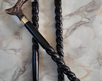 Antique Style Wooden Walking Stick – Vintage Brass Handle Cane, Handmade Christmas Gift