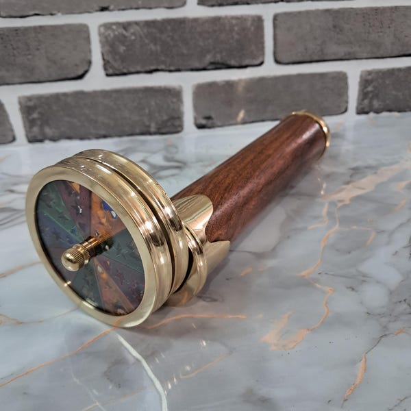 Kaléidoscope à double roue en laiton et bois antique, objet de collection nautique vintage
