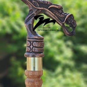 Antique Designer Wooden Walking Cane - Dragon Head Style Design Handle with Three Fold Brown Wooden Stick - Collection Gift for Unisex