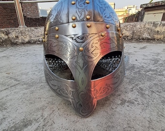 Viking Helmet Etched Steel with Chainmail Norse LARP Armor.