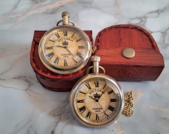 2x Antique Style Brass Pocket Watch Victoria 1875 Vintage Timepiece with Leather Box