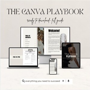 May include: A digital marketing guide titled "The Canva Playbook" displayed on a desktop computer, laptop, tablet, and smartphone. The text "ready to download - full guide" is also visible. The search bar at the bottom says "everything you need to succeed".