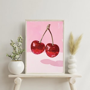 Disco Cherry Wall Art – Funky Pink Cherry Printable, Retro Pop Art Fruit Print, Fun Kitchen Bar Decor Digital Download