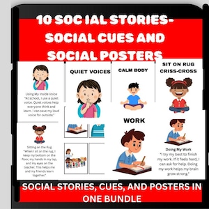 Może przedstawiać: Zestaw historii społecznych, wskazówek i plakatów. Czerwony baner na górze głosi "10 Historii Społecznych - Wskazówki Społeczne i Plakaty Społeczne". Ilustracje przedstawiają dzieci demonstrujące ciche głosy, spokojne ciała i siedzenie po turecku. Tekst wyjaśnia każdą koncepcję.