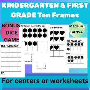 Ten Frame Math Center | Kindergarten and First Grade Workbook | 27 Printable Worksheets | Count and Fill Ten Frames | Number Sense Practice