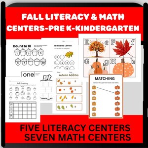 Puede incluir: Hojas de trabajo educativas para preescolares y niños de jardín de infancia, con actividades temáticas de otoño. Incluye conteo, emparejamiento de letras y ejercicios de suma. El texto de la imagen dice "FALL LITERACY & MATH CENTERS-PRE K-KINDERGARTEN."